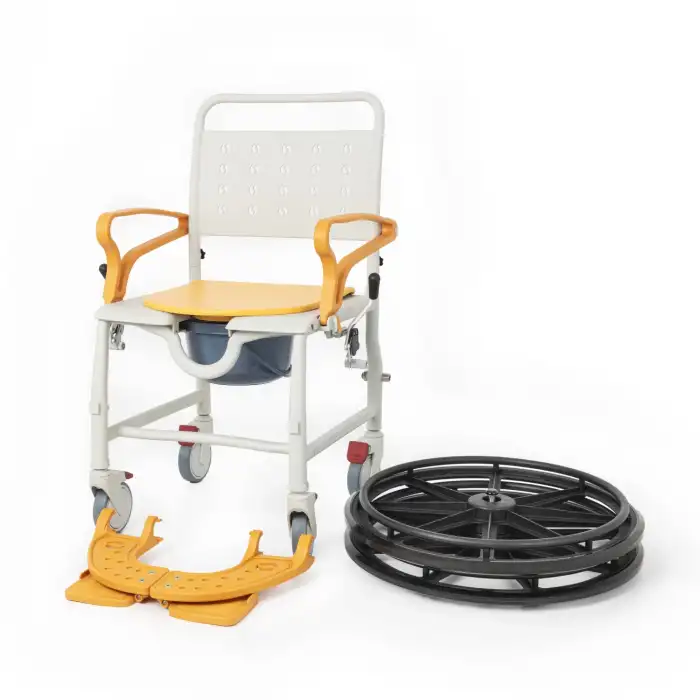 Comfort Plus Banyo ve Tuvalet Sandalyesi Turuncu | 6 Tekerlekli Çift Kullanım, Paslanmaz Plastik Gövde, Lazımlıklı DM-8088B