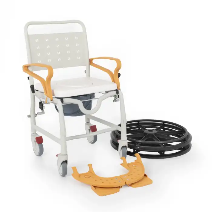 Comfort Plus Banyo ve Tuvalet Sandalyesi Turuncu | 6 Tekerlekli Soft Oturum, Bas-Çıkar Sistemli Çıkarılabilir Tekerlek, Paslanmaz Plastik Gövde DM-8088D