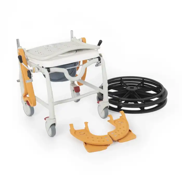 Comfort Plus Banyo ve Tuvalet Sandalyesi Turuncu | 6 Tekerlekli Soft Oturum, Bas-Çıkar Sistemli Çıkarılabilir Tekerlek, Paslanmaz Plastik Gövde DM-8088D