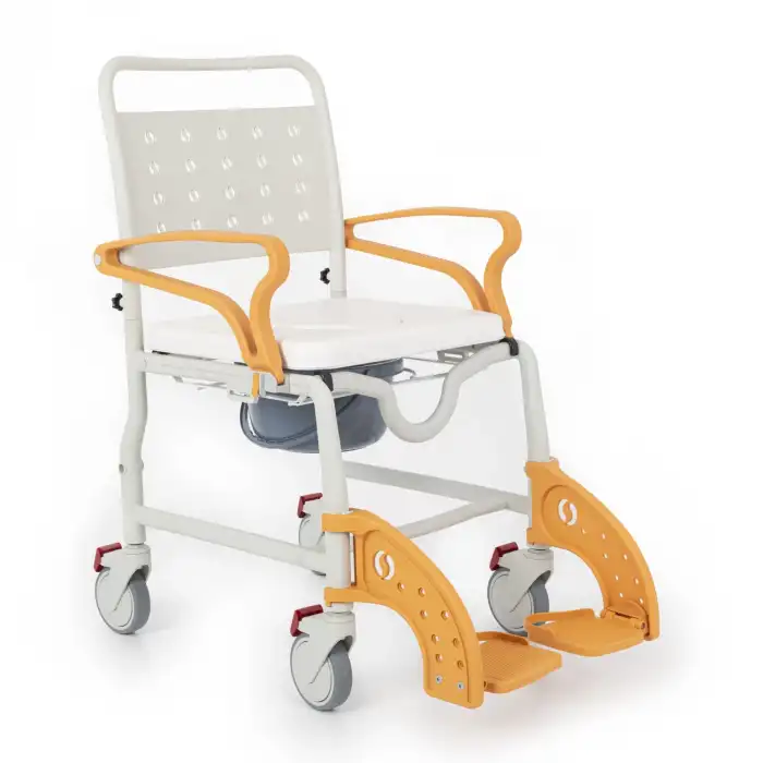 Comfort Plus Banyo ve Tuvalet Sandalyesi Turuncu | Soft Minderli, 4 Frenli Tekerlek, Paslanmaz Plastik Gövde DM-8088C