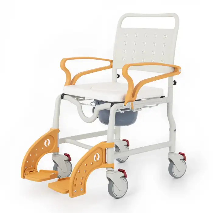 Comfort Plus Banyo ve Tuvalet Sandalyesi Turuncu | Soft Minderli, 4 Frenli Tekerlek, Paslanmaz Plastik Gövde DM-8088C