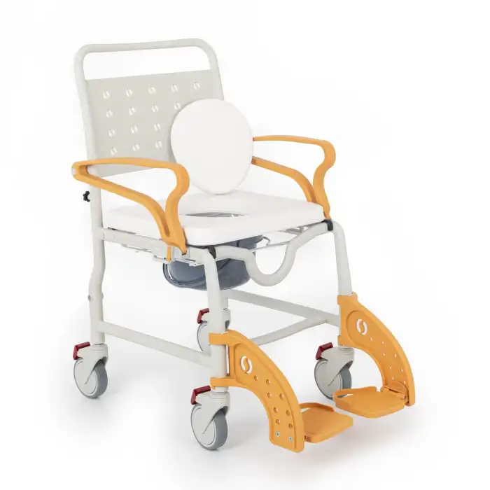 Comfort Plus Banyo ve Tuvalet Sandalyesi Turuncu | Soft Minderli, 4 Frenli Tekerlek, Paslanmaz Plastik Gövde DM-8088C