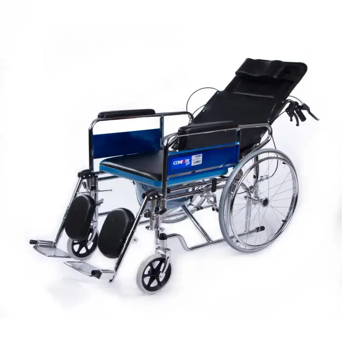 Comfort Plus Tuvaletli Tekerlekli Sandalye | Sırt Yatar, Ayak Kalkar, Nikelaj Kaplama Çelik Şase, Anti Tiper Tekerlekli, DY02609GC