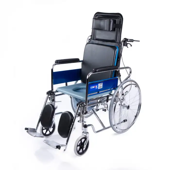 Comfort Plus Tuvaletli Tekerlekli Sandalye | Sırt Yatar, Ayak Kalkar, Nikelaj Kaplama Çelik Şase, Anti Tiper Tekerlekli, DY02609GC