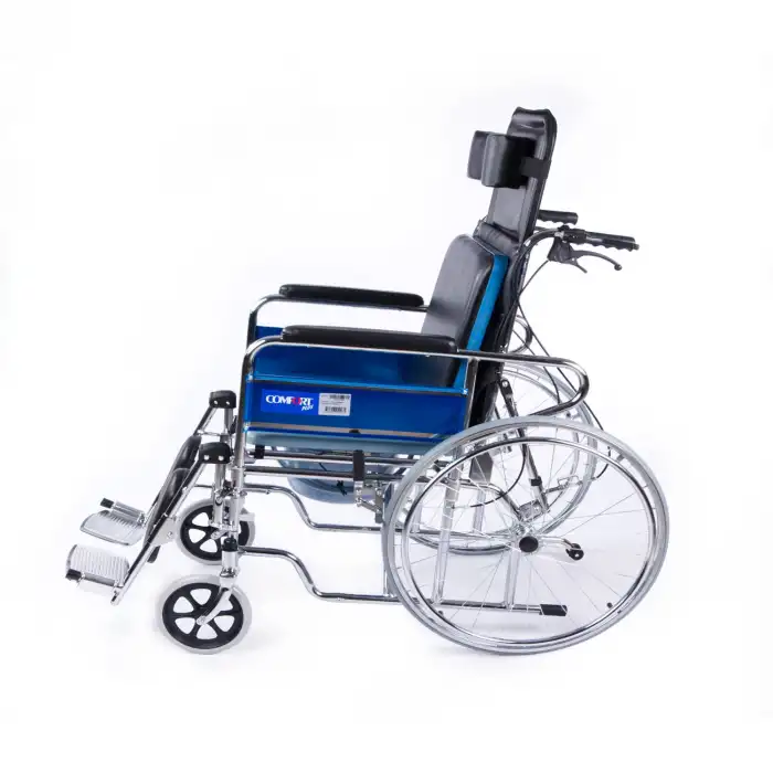 Comfort Plus Tuvaletli Tekerlekli Sandalye | Sırt Yatar, Ayak Kalkar, Nikelaj Kaplama Çelik Şase, Anti Tiper Tekerlekli, DY02609GC