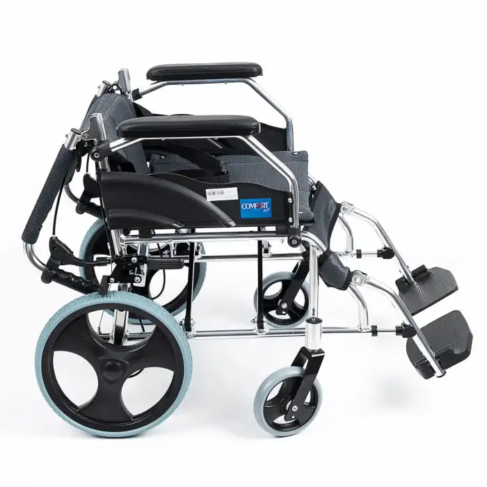 Comfort Plus Transfer Tekerlekli Sandalye Füme | Eloksal Kaplı Alüminyum Şase, Katlanabilir Yapı, Refakatçi Frenli, KY863LABJ-A12