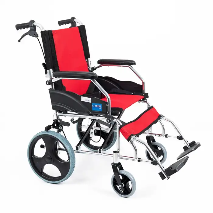 Comfort Plus Transfer Tekerlekli Sandalye Kırmızı | Eloksal Kaplı Alüminyum Şase, Katlanabilir Yapı, Refakatçi Frenli, KY863LABJ-A12