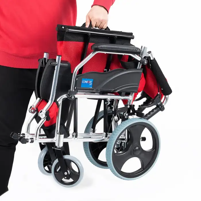 Comfort Plus Transfer Tekerlekli Sandalye Kırmızı | Eloksal Kaplı Alüminyum Şase, Katlanabilir Yapı, Refakatçi Frenli, KY863LABJ-A12