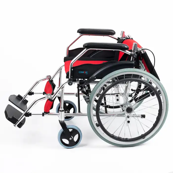 Comfort Plus Tekerlekli Sandalye Kırmızı | Eloksal Kaplı Alüminyum Şase, Katlanabilir Kompakt Yapı, Refakatçi Frenli, KY863LAJ-A20