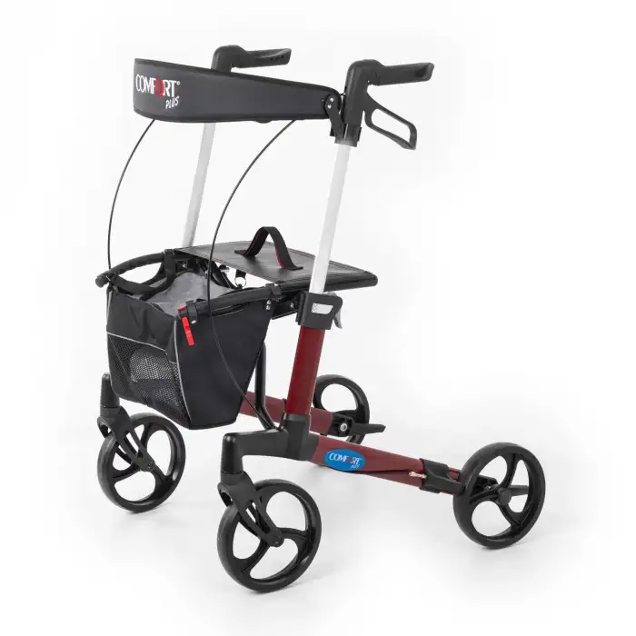 Comfort Plus Rolatör Yürüteç Bordo | Alüminyum Şase, Katlanabilir Frenli 8 Tekerlekli, Oturaklı ve Sepetli Lux Model, Spirit-X3