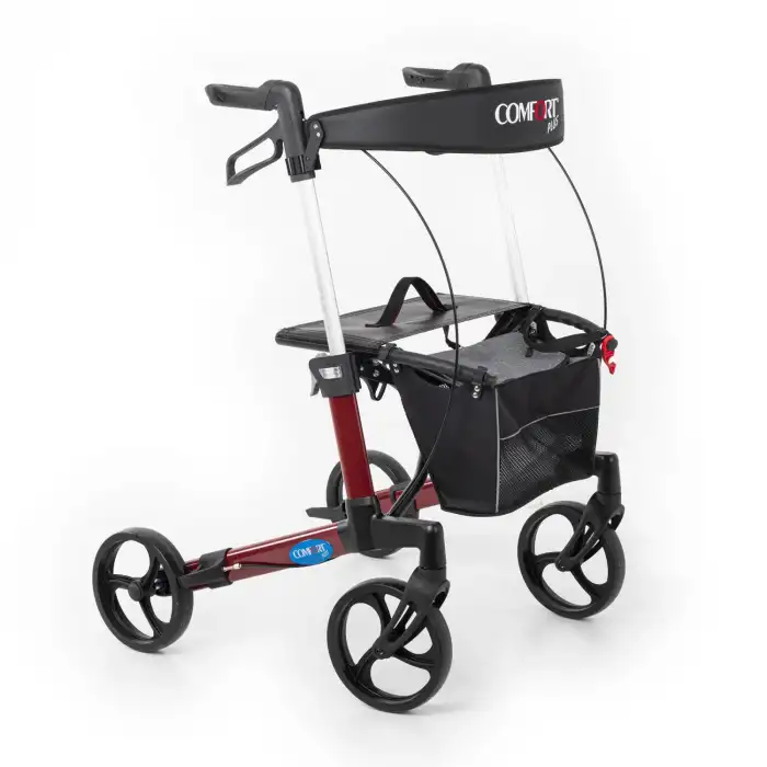 Comfort Plus Rolatör Yürüteç Bordo | Alüminyum Şase, Katlanabilir Frenli 8 Tekerlekli, Oturaklı ve Sepetli Lux Model, Spirit-X3