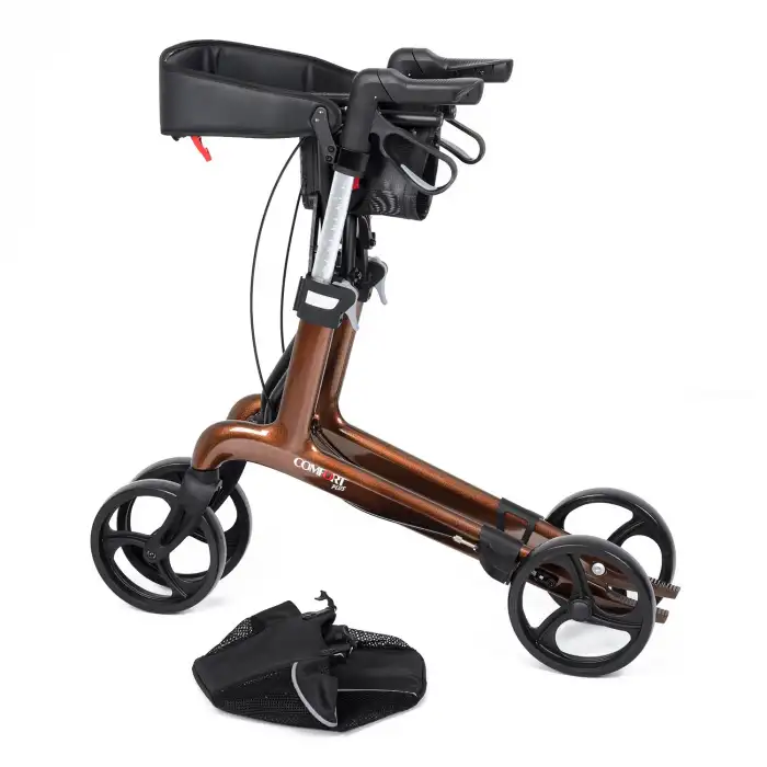 Comfort Plus Rolatör Yürüteç Kahverengi | Carbon Fiber Şase, 8” Tekerlekli, Katlanabilir Hafif Yapı, Oturaklı ve Sepetli Model, Spirit-X4