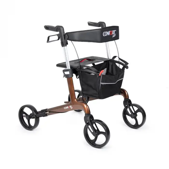 Comfort Plus Rolatör Yürüteç Kahverengi | Carbon Fiber Şase, 8” Tekerlekli, Katlanabilir Hafif Yapı, Oturaklı ve Sepetli Model, Spirit-X4
