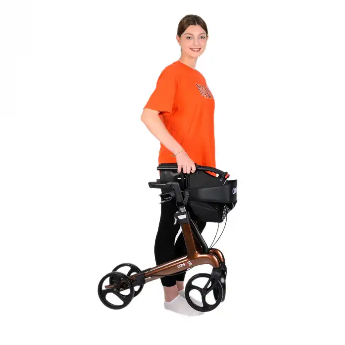Comfort Plus Rolatör Yürüteç Kahverengi | Carbon Fiber Şase, 8” Tekerlekli, Katlanabilir Hafif Yapı, Oturaklı ve Sepetli Model, Spirit-X4