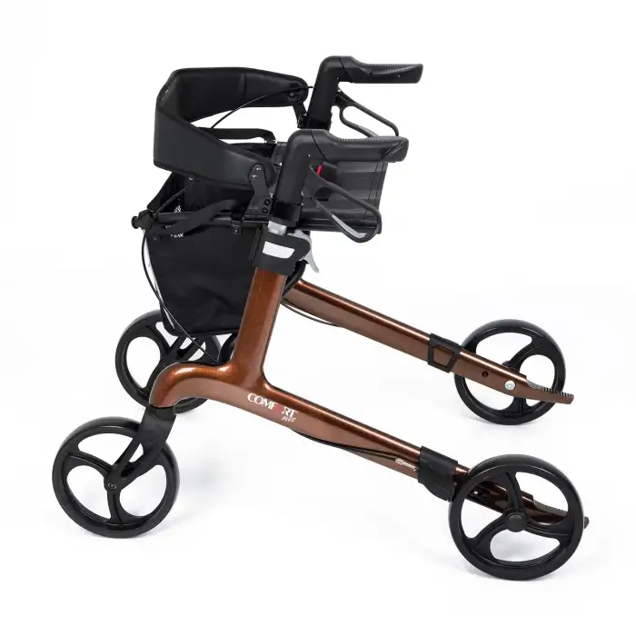 Comfort Plus Rolatör Yürüteç Kahverengi | Carbon Fiber Şase, 8” Tekerlekli, Katlanabilir Hafif Yapı, Oturaklı ve Sepetli Model, Spirit-X4