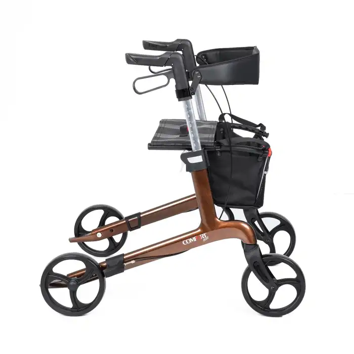 Comfort Plus Rolatör Yürüteç Kahverengi | Carbon Fiber Şase, 8” Tekerlekli, Katlanabilir Hafif Yapı, Oturaklı ve Sepetli Model, Spirit-X4