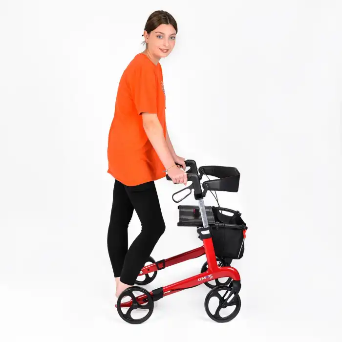 Comfort Plus Rolatör Yürüteç Kırmızı| Carbon Fiber Şase, 8” Tekerlekli, Katlanabilir Hafif Yapı, Oturaklı ve Sepetli Model, Spirit-X4