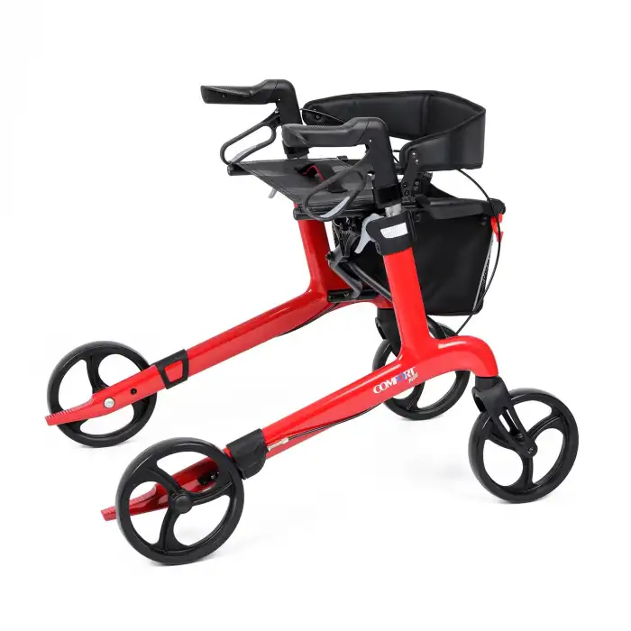 Comfort Plus Rolatör Yürüteç Kırmızı| Carbon Fiber Şase, 8” Tekerlekli, Katlanabilir Hafif Yapı, Oturaklı ve Sepetli Model, Spirit-X4