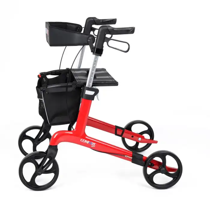Comfort Plus Rolatör Yürüteç Kırmızı| Carbon Fiber Şase, 8” Tekerlekli, Katlanabilir Hafif Yapı, Oturaklı ve Sepetli Model, Spirit-X4
