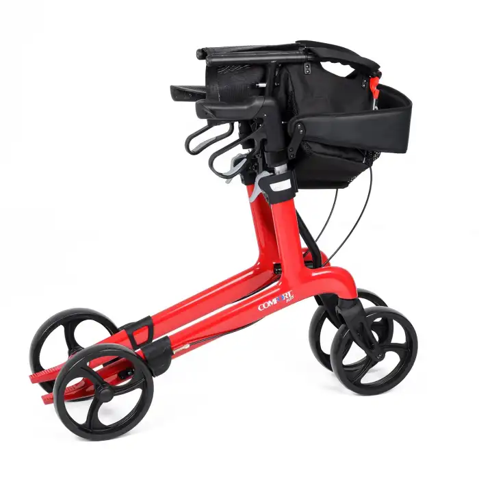 Comfort Plus Rolatör Yürüteç Kırmızı| Carbon Fiber Şase, 8” Tekerlekli, Katlanabilir Hafif Yapı, Oturaklı ve Sepetli Model, Spirit-X4