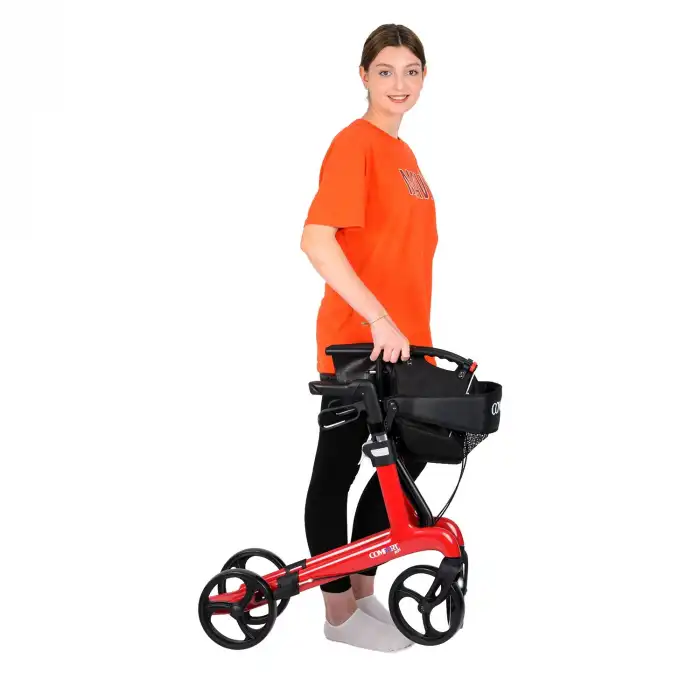 Comfort Plus Rolatör Yürüteç Kırmızı| Carbon Fiber Şase, 8” Tekerlekli, Katlanabilir Hafif Yapı, Oturaklı ve Sepetli Model, Spirit-X4