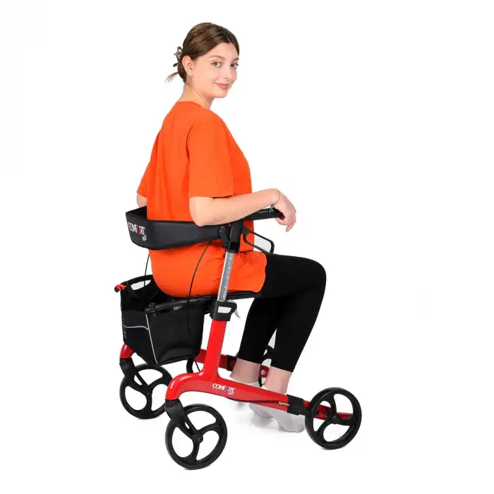 Comfort Plus Rolatör Yürüteç Kırmızı| Carbon Fiber Şase, 8” Tekerlekli, Katlanabilir Hafif Yapı, Oturaklı ve Sepetli Model, Spirit-X4