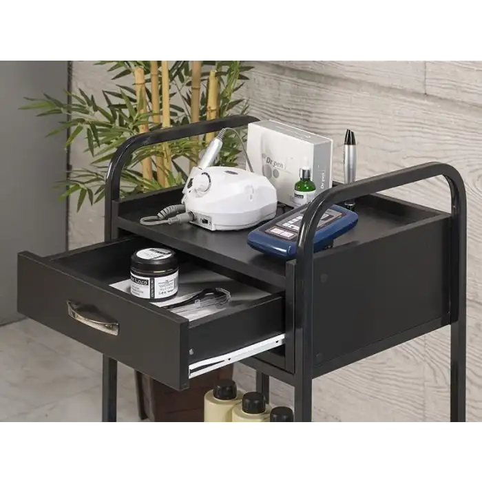 Dizayn Cihaz Taşıma ve Setup Sehpası Siyah | Sağlam Metal Gövde ve Çift Çekmece, İki Raflı 4006