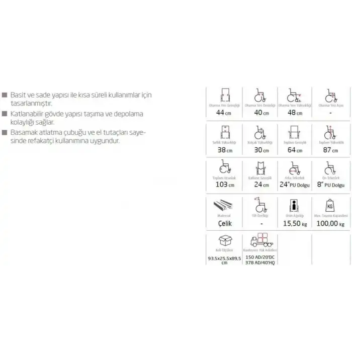 Golfi Standart Tekerlekli Sandalye | Ekose Kumaş Döşeme, Katlanabilir Yapı, Çelik Gövde G100Y