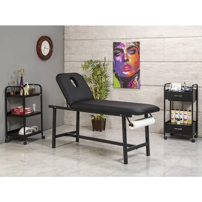 Oval Katlanır Ayaklı Bakım ve Masaj Masası Havluluk Aparatlı Siyah | Vinlex Deri, Manuel Ayarlı 3112