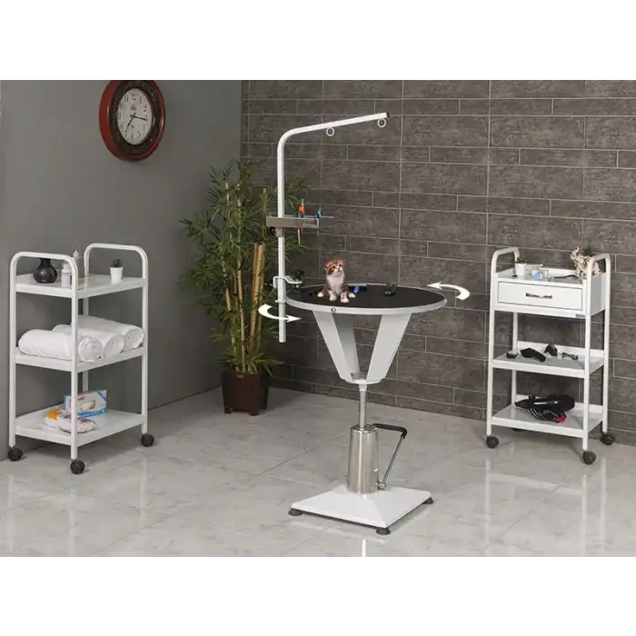 Veteriner Pet Bakım Ve Muayene Masası | Hidrolikli Döner Kauçuk Üst Yüzeyli Ayarlı Ünite Tabla 6004