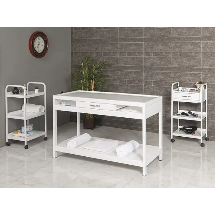 Veteriner Röntgen X-Ray Masası Beyaz | Sabit Ayaklı Plexiglass Üst Tabla Ahşap Çekmeceli 6201