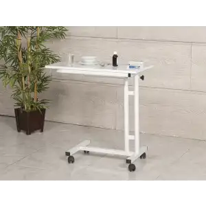 Ahşap Tablalı Yemek Servis Masası | Manuel Ayarlanabilir Beyaz Tekerlekli Model