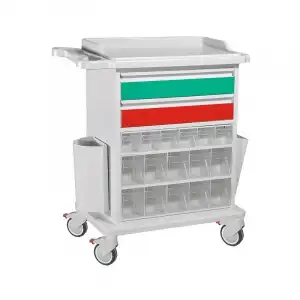 İlaç ve Pansuman Arabası | 32 Gözlü İlaç Ünitesi, Metal Gövde, ABS Tezgahlı, Antistatik Tekerlekli E-257