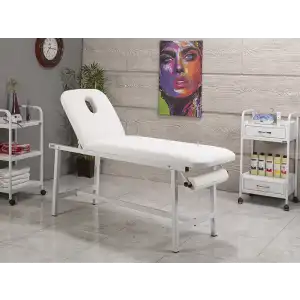 Oval Katlanır Ayaklı Bakım ve Masaj Masası Havluluk Aparatlı Beyaz | Vinlex Deri, Manuel Ayarlı 3111