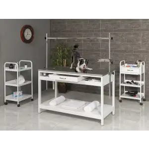 Veteriner Ameliyat ve Operasyon Masası | Sabit Ayaklı Paslanmaz Üst Tablalı Ahşap Çekmeceli 6104