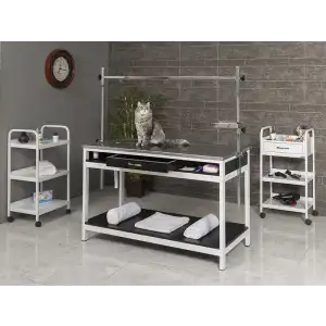 Veteriner Ameliyat ve Operasyon Masası | Sabit Ayaklı Paslanmaz Üst Tablalı Ahşap Çekmeceli 6105