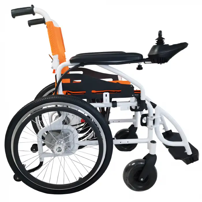 Poylin P200C Katlanabilir Çocuk Akülü Tekerlekli Sandalye Turuncu | Katlanabilir Çelik Gövde, Elektromanyetik Fren, 120 kg Kapasite