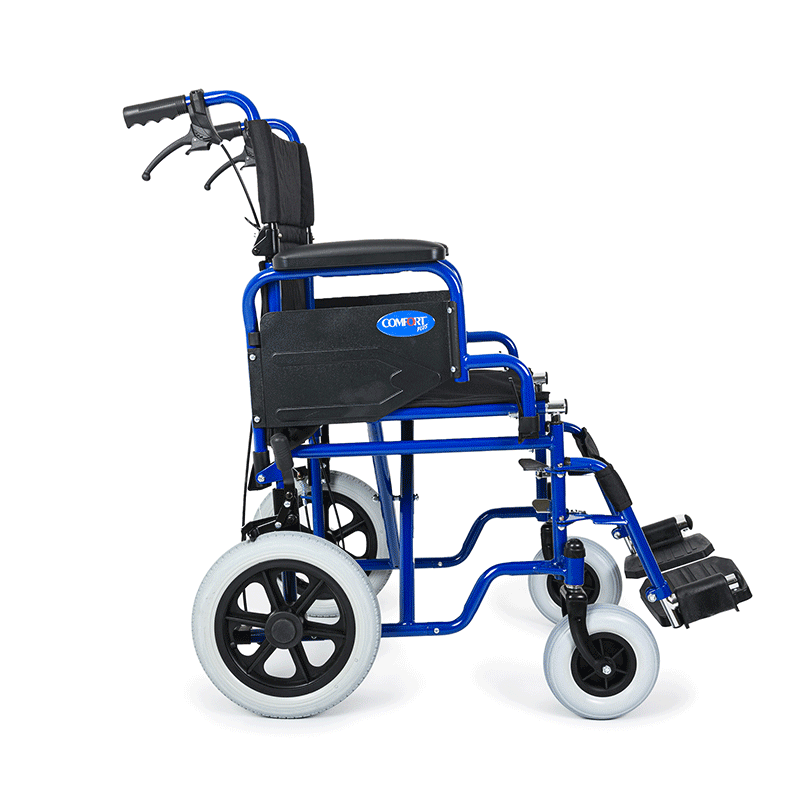 Comfort Plus Transfer Tekerlekli Sandalye Lacivert | Mini Yapı, Refakatçi Frenli, Çelik Şase DM-327 Mini 45cm