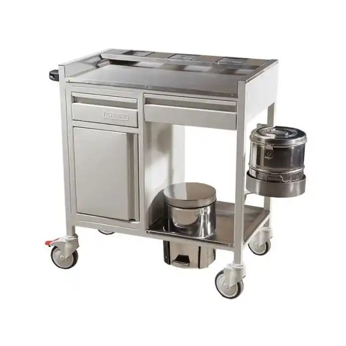 2 Çekmeceli Dolaplı ve Tromelli Pansuman Arabası | Paslanmaz Üst Tezgahlı, Çöp Kovası, Antibakteriyel Gövdeli E-254/B