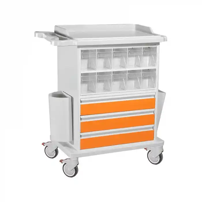 3 Çekmeceli İlaç ve Pansuman Arabası | 20 Gözlü İlaç Ünitesi, Metal Gövde, ABS Tezgahlı, Antistatik Tekerlekli E-258