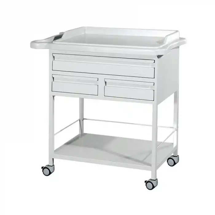 3 Çekmeceli Pansuman Arabası | ABS Antibakteriyel Üst Tezgahlı, Metal Gövde, Antistatik Tekerlekli E-237