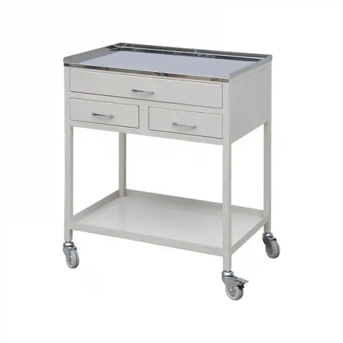 3 Çekmeceli Pansuman ve Cihaz Arabası | Paslanmaz Üst Tezgahlı, Antibakteriyel Metal Gövde, Antistatik Tekerlekli E-238
