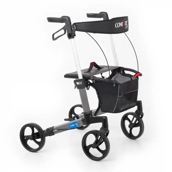 Comfort Plus Rolatör Yürüteç Gri | Alüminyum Şase, Katlanabilir 8” Frenli Tekerlekli, Oturaklı ve Sepetli Lux Model, Spirit-X3