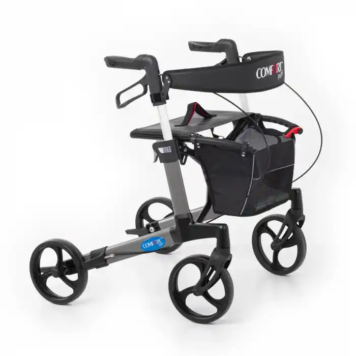 Comfort Plus Rolatör Yürüteç Gri | Alüminyum Şase, Katlanabilir 8” Frenli Tekerlekli, Oturaklı ve Sepetli Lux Model, Spirit-X3