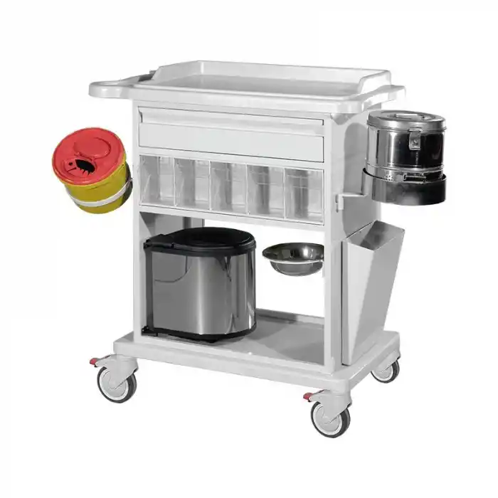 Trommelli ve İlaç Gözlü Pansuman Arabası | Metal Gövde, ABS Tezgahlı, Antistatik Tekerlekli E-255