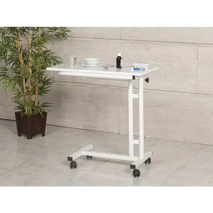 Ahşap Tablalı Yemek Servis Masası | Manuel Ayarlanabilir Beyaz Tekerlekli Model 5901