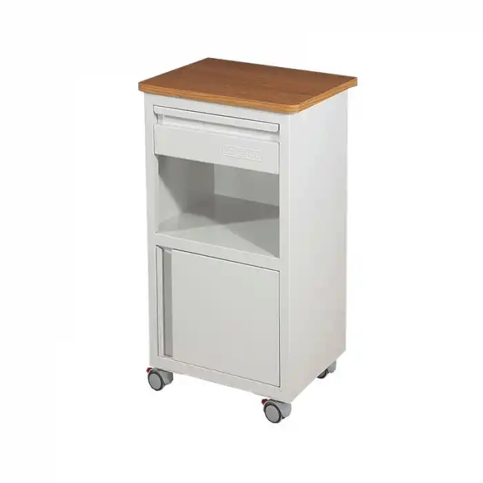 Ara Bölmeli Hasta Başı Komodini | Ahşap Üst Tablalı, Çekmeceli ve Dolaplı, Antistatik Tekerlekli E-271