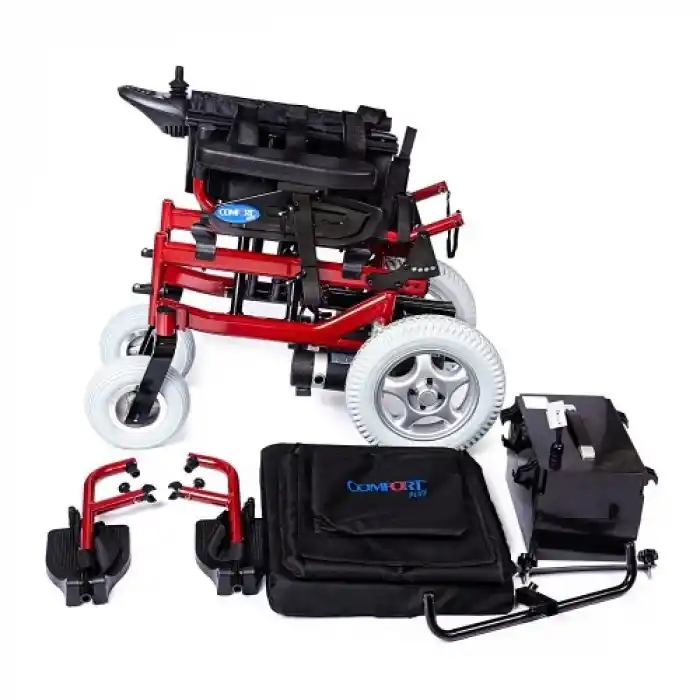 Comfort Plus Akülü Tekerlekli Sandalye Bordo | 340W Motor, Yatarlı Sırt, Katlanabilir Alüminyum Şase, 130 kg Taşıma Kapasiteli Allure