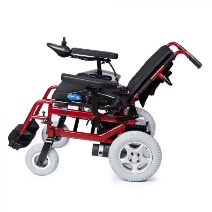Comfort Plus Akülü Tekerlekli Sandalye Bordo | 340W Motor, Yatarlı Sırt, Katlanabilir Alüminyum Şase, 130 kg Taşıma Kapasiteli Allure