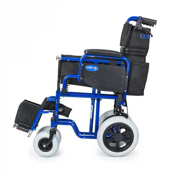 Comfort Plus Transfer Tekerlekli Sandalye Lacivert | Mini Yapı, Refakatçi Frenli, Çelik Şase DM-327 Mini 45cm